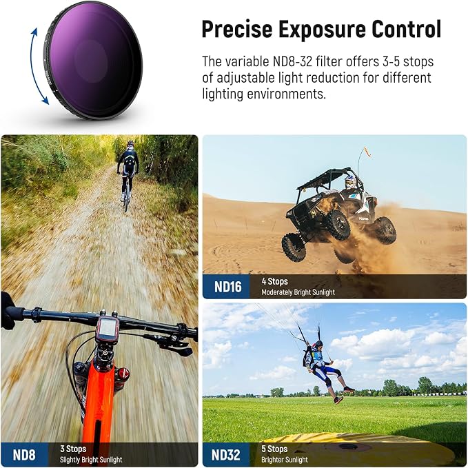 NEEWER Variable ND Filter Lens Kit Compatible with DJI Osmo Action 5 Pro/4, Screw On Multicoated HD Optical Glass ND8-32 (3-5 Stops) + 185° FOV Wide Angle Lens Action Camera Accessories, FL-54 - Image 5