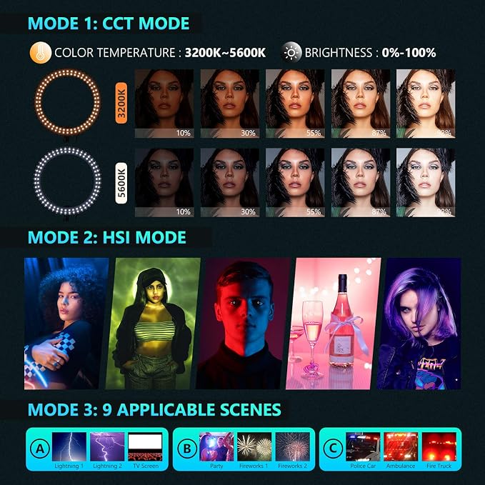 Neewer 18-inch RGB Ring Light with APP Control, Dimmable Bi-Color 3200K-5600K CRI 97+ LED Ring Light with Stand, 0-360 Full Color, 9 Scenes Effect for Selfie/Makeup/Party/Vlog/YouTube/Photography - Image 4