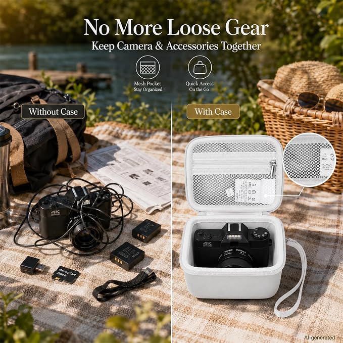 Comecase Vlogging Camera Case for Duluvulu/for VJIANGER 4K Digital Cameras | Mesh Pocket for Charging Cables and Batteries, Travel Storage for Vloggers, Parties and Camping (White) - Case Only - Image 3