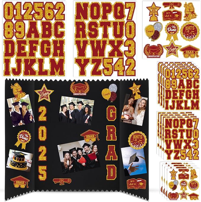 Glenmal Red Gold 14 Sheets Graduation Photo Display Board Sticker Class of 2026 Picture Display Stickers Accessories for 2026 Grad Party College Board Photo Frame Decor (12x10inch,8.3x8.3inch) by Glenmal