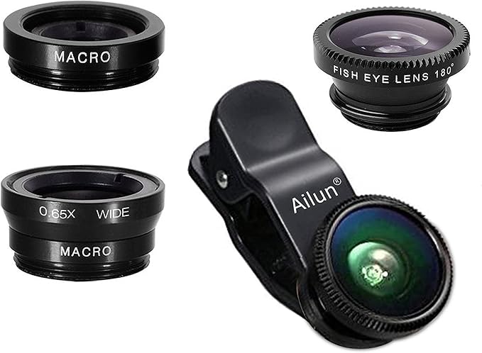 Ailun Phone Lens, 3 in 1 Clip on Fish Eye Lens+Wide Angle+Macro Lens | 180 Degree Fish Eye Lens, 0.65X Wide Angle, 10X Macro Lens, Universal HD Camera Lens kit, For Mobile Phone & Smartphone by Ailun