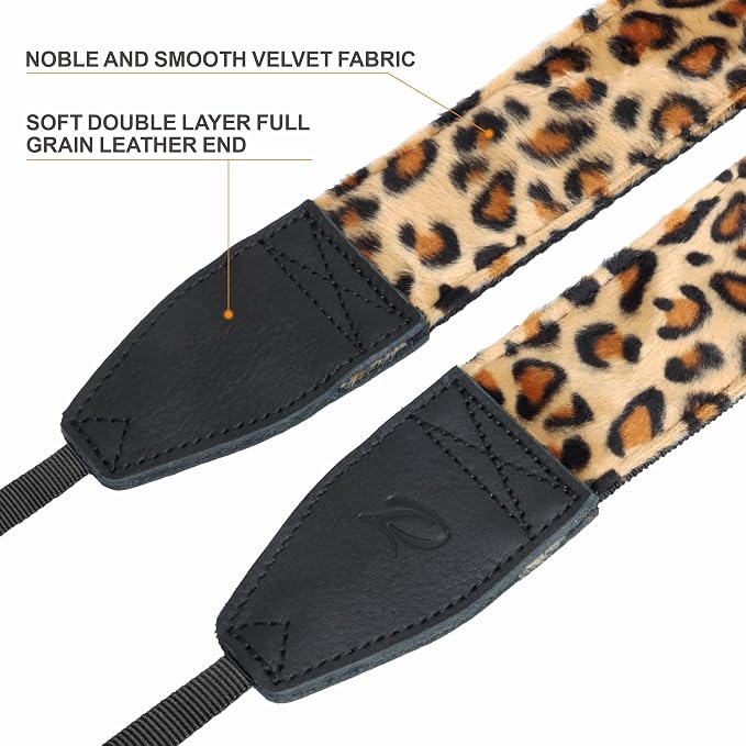 Padwa Lifestyle Leopard Velvet Camera Strap - 2" Double Layer Full Grain Cowhide Leather Head Camera Straps for Photographers,Unique Soft Velvet Fabric with Quick Release fits all Cameras - Image 3