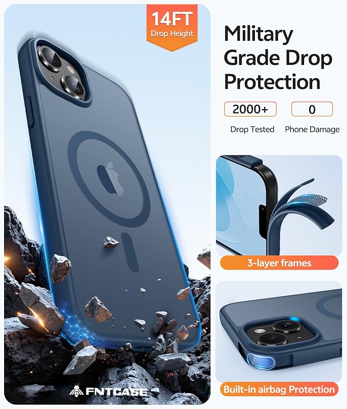 FNTCASE for iPhone 15/14 Plus Case, Fit for Magsafe, Screen Protector Blue | Translucent Matte Magnetic Back, 14FT Military Grade Drop Protection, Shockproof Protective Phone Cover, Blue - Image 5