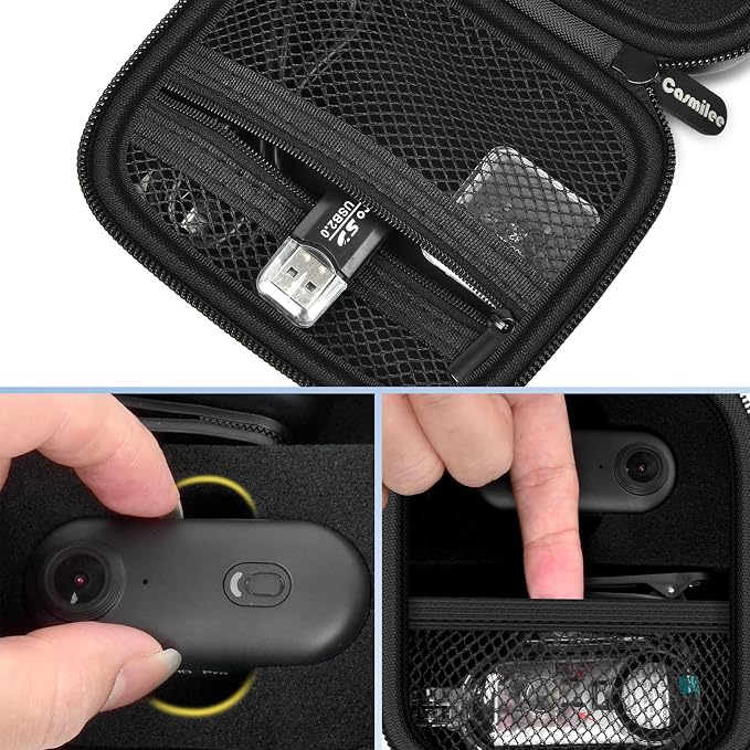 casmilee Hard Mini Body Camera Case for Thumb Action Cam, Box Only | Hard shell 5.2 x 4.25 x 2.2 in case with sponge insert, mesh pockets and carabiner for vloggers, riders and travel - Image 3