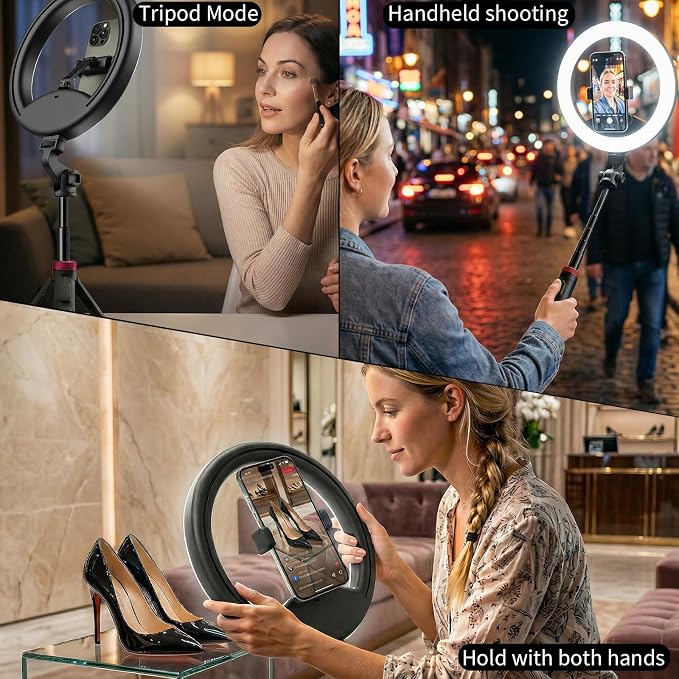 10''Selfie Ring Light with 64''Tripod Stand,Rechargeable Ring Light with Phone Holder and Remote Control,Adjustable Color Temperature and Brightness,5000mAh Battery,Live Streaming,Makeup,Travel,Gaming - Image 4