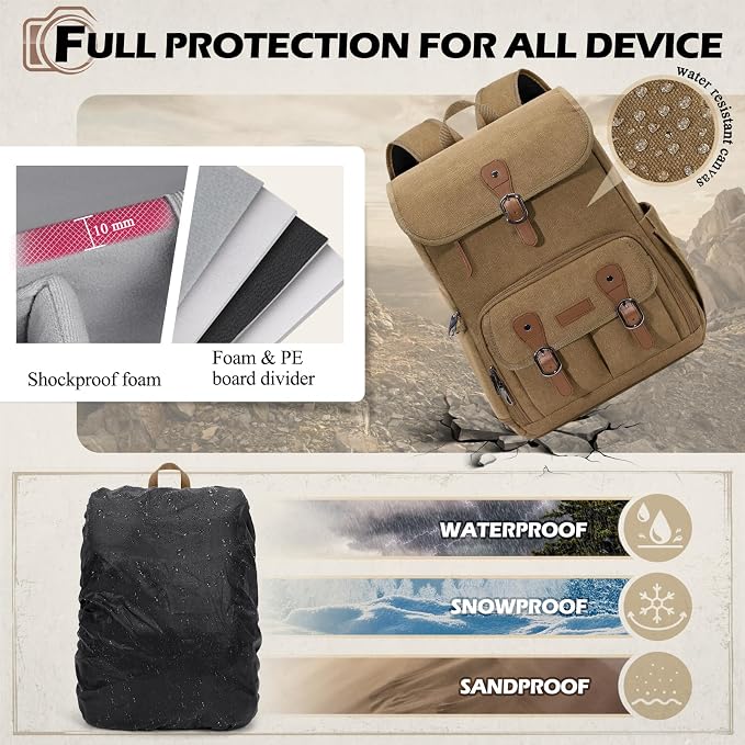 RAINSMORE Camera Backpack, DSLR SLR Mirrorless Camera Bag for Photographer | 15.6 Inch Vintage Canvas Camera Case with Laptop Compartment & Tripod Holder & Rain Cover for Sony Canon Nikon Fujifilm Khaki - Image 6