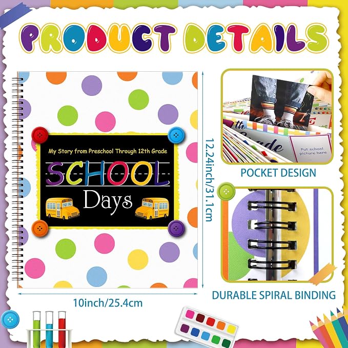 Motipuns School Memory Book Photo Album for Kids, Polka Dots | School Years Keepsake Book Album Scrapbook from Preschool Through 12th Grade with 14 Pocket for Storage Portfolio Pictures - Image 2