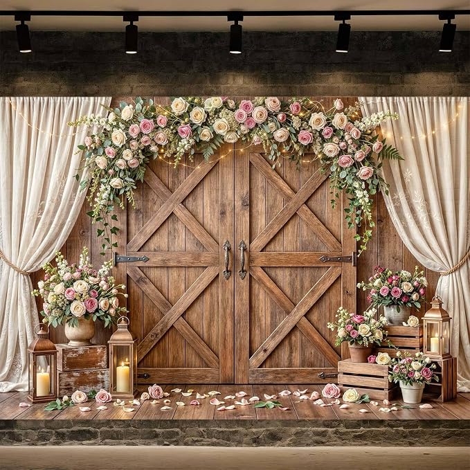 15x10ft Wedding Backdrop Rustic Floral Flower Wooden Wall Backdrop Bridal Baby Shower Ceremony Photography Background Shabby Chic Countryside Western Anniversary Wedding Party Birthday Photo Prop - Image 2