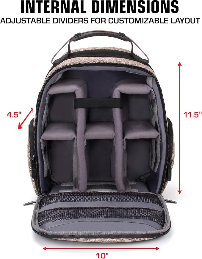 USA Gear Portable Camera Backpack for DSLR with Customizable Accessory Dividers, Weather Resistant Bottom and Comfortable Back Support - Compatible with Canon, Nikon, Sony, Fujifilm, and More (Brown) - Image 3