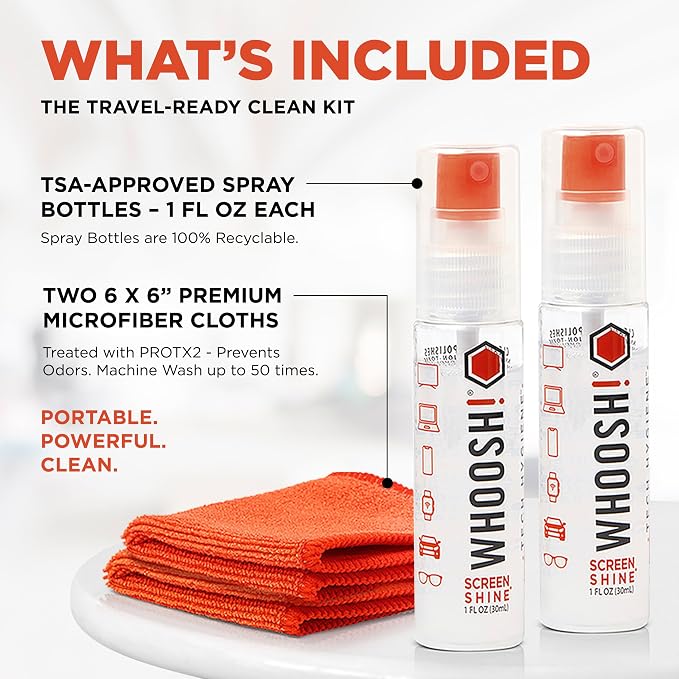 WHOOSH! Screen Shine Go – Refillable Screen Cleaner Kit, Set of 2, 1 fl oz | Includes 2 – 6x6" Microfiber Cloths, TSA Approved for Travel, For MacBook, Phone, iPad & Eyeglasses, Streak Free Finish - Image 2