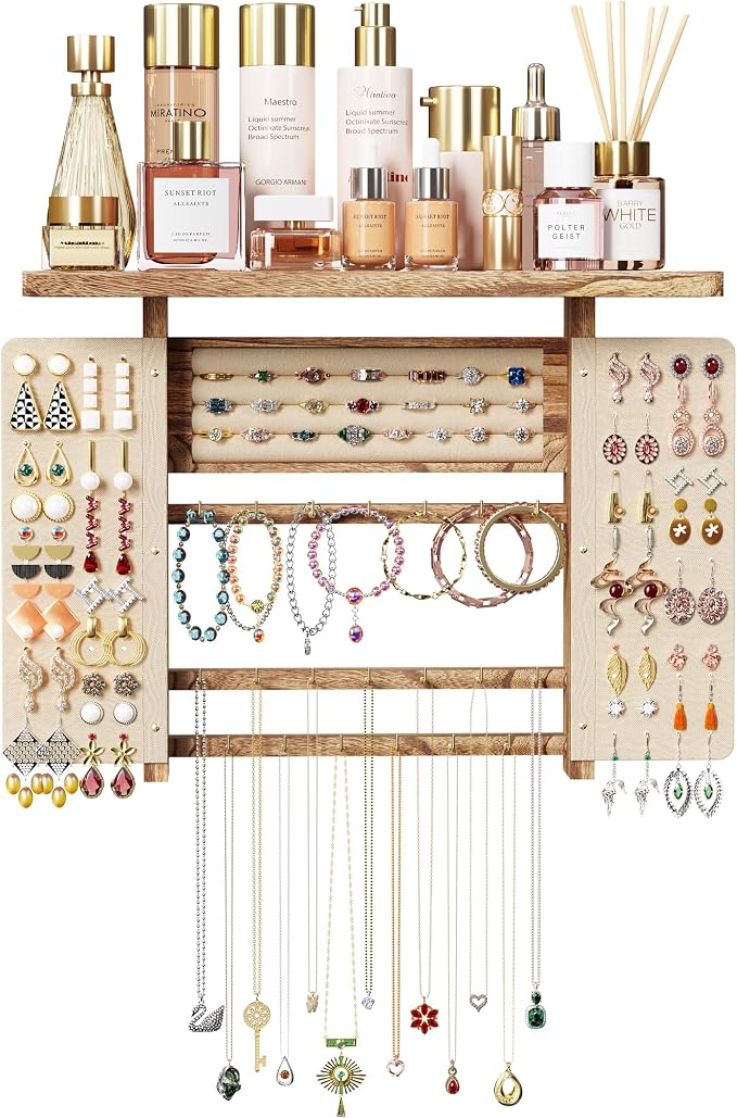 Emfogo Jewelry Organizer Hanging Wall Mounted Jewelry Holder, 5-in-1 Large Capacity Necklace Organizer Display for Ring, Necklaces, Bracelets, Earrings (Rustic Wood) by Emfogo