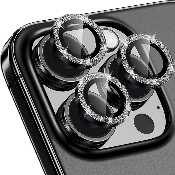 for iPhone 16 Pro/16 Pro Max Camera Lens Protector Glitter, Black | Individual Metal, 9H Hardness, Scratch Resistant, Shockproof, Drop Protection, Case Friendly, Stylish Accessories by Xfilm