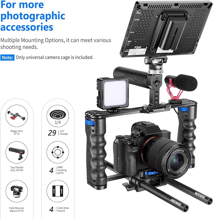 NEEWER Aluminum Alloy Camera Cage, Filmmaking Rig with Top Handle | Dual Grips & Arca Type Base, Compatible with Sony A7S III A7IV A6600 Canon EOS R5C R5 R6 DSLR/Mirrorless Cameras, VS107 Blue - Image 3
