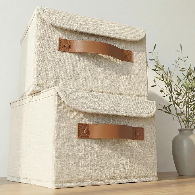 Decorative Linen Storage Boxes with Lids - Spacious Set of 2 Organizer Bins | The Perfect Small Container for Home Decor - Safely Store Photos, Documents and Memory Box Keepsakes in Style by ZICOTO