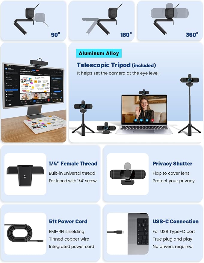 Pro UHD 4K/30fps Webcam with Tripod, External USB-C Camera for PC/Laptop | Dual noise-cancelling mics | Auto-focus | Wide-angle | Low-light correction | 360° rotation | CMOS sensor | Plug and Play - Image 3