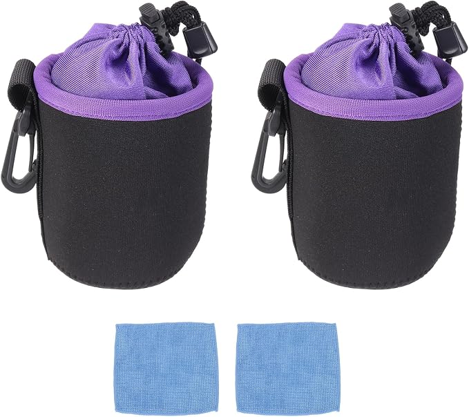 PATIKIL 2 Pcs Camera Lens Pouch, 3" ID x 4" H Drawstring Orange Interior Lens Pouch Protective Camera Lens Case Bag Soft Plush Neoprene Bag for DSLR Photography Gear, Black/Purple by PATIKIL