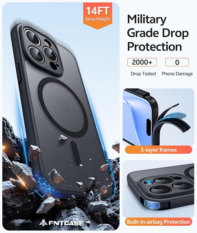 FNTCASE for iPhone 15 Pro Max Case, Fit for Magsafe, Glass Screen Protector | Full Camera Protection, Translucent Matte, 14FT Military Grade Drop Proof, Shockproof Protective Phone Cover, Black - Image 5
