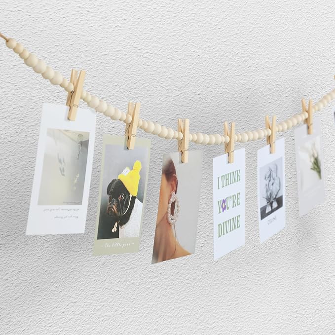 KLOGTSIND Hanging Photo Display, 2PCS Boho Wood Bead Garland Wall Decor | Photo Banner with 9 Wooden Clips for Bedroom, Living Room, Office, Dorm Decor, Pictures Postcards Holder Teen Girl Gifts - Image 4