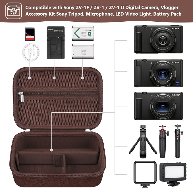 Hard Travel Case for Sony ZV-1F / ZV-1 / ZV-1 II Digital Camera, Protective Cases Bag Fits Vlogger Accessory Kit Tripod, Microphone, LED Video Light, Extra Zipper Pocket fit Battery Pack, Brown - Image 2