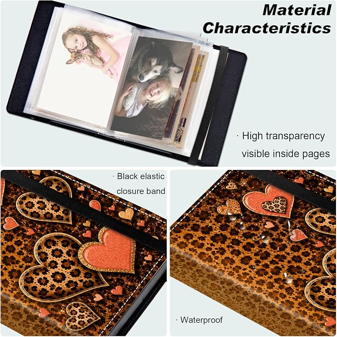 DEGDFSGR 5x7 Small Photo Album, 60 Pockets Holds 120 Photos | Slip-in pockets, black elastic band, portable for family, wedding, baby, travel photos, Leopard Print Pink Hearts - Image 5