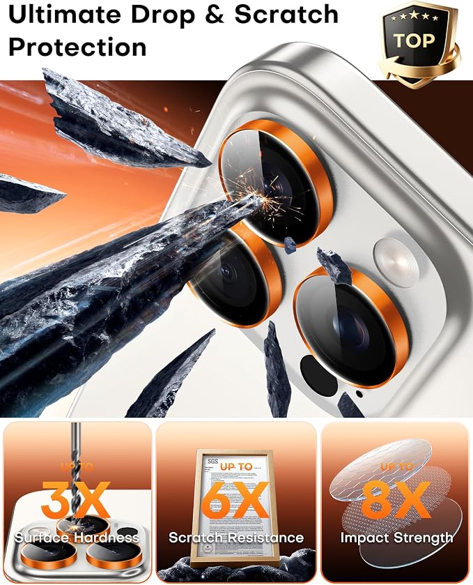TOCOL for iPhone 15 Pro Max Camera Lens Protector/iPhone 15 Pro Camera Lens Protector Tempered Glass HD Individual Scratch Resistant Cover Accessories Case Friendly 2 Pack（Orange） - Image 4