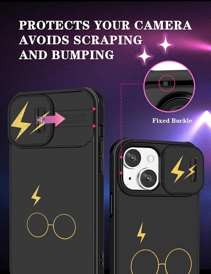 (2in1 for iPhone 15 Case for Women Cute Phone Cover Girly Teen Boys Pretty Black Glasses Unique Design with Slide Camera Cover Protective Stand Holder for iPhone 15 Cases 6.1'' - Image 3