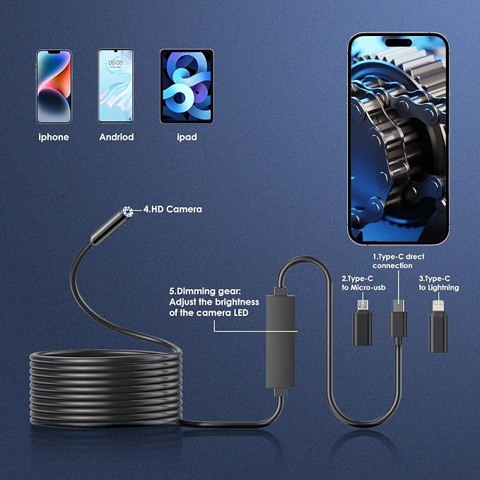 Industrial Endoscope Camera, 1920P HD Borescope Inspection Camera, 8mm IP67 Waterproof Snake Camera with 8 Adjustable LED Lights, 9.8FT(3M) Semi-Rigid Cable for iOS Android - Image 4
