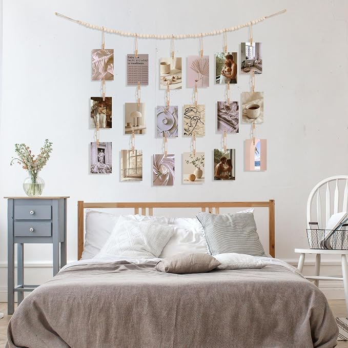 2 Pack Hanging Photo Display with Clips, Boho Wooden Bead Wall Decor | 53.5 In Jute Garland, 60 Clips And 7 Wooden Pegs, Natural Wood Beads, For Photos, Cards And Artwork - Image 6
