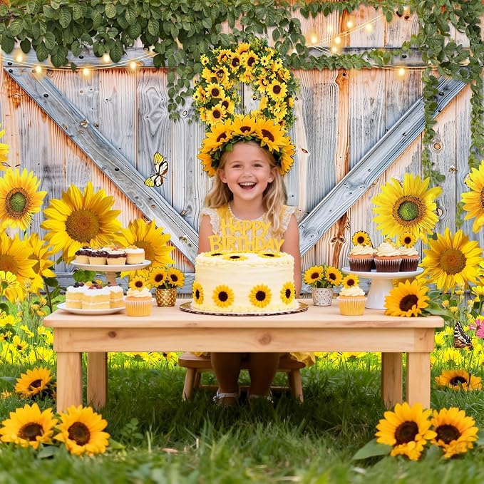 Sunflower Photo Backdrop for Photography, 10x8ft | Vinyl Wall Background for Photoshoot, Yellow Flower, Rustic Barn Wood Door, for Birthday Decorations, Outdoor Party - Image 2