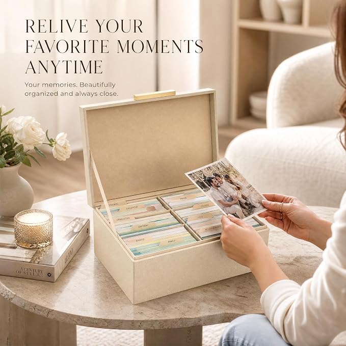 Decorative Photo Storage Box - PU Leather Organizer for 1200 4x6 Photos | Sturdy Scrapbook Storage Containers with Dividers and Lid - Portable Box Safely Stores Your Pictures - Image 5