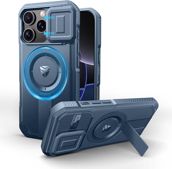 Dexnor for iPhone 16 Pro Case with Slide Camera Cover & Adjustable Kickstand, Magnetic Rugged Shockproof Bumper Cases Heavy-Duty Mangetic Protective Cover,Navy Blue by Dexnor