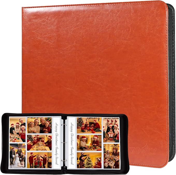 4x6 Photo Album for 3-Ring Binder – Zippered Leather Picture Albums Kit with 20 Page Protectors, Holds 200 Mixed Layout Photos, Large Capacity Family Wedding Anniversary Baby Album Book, Brown by Zofly