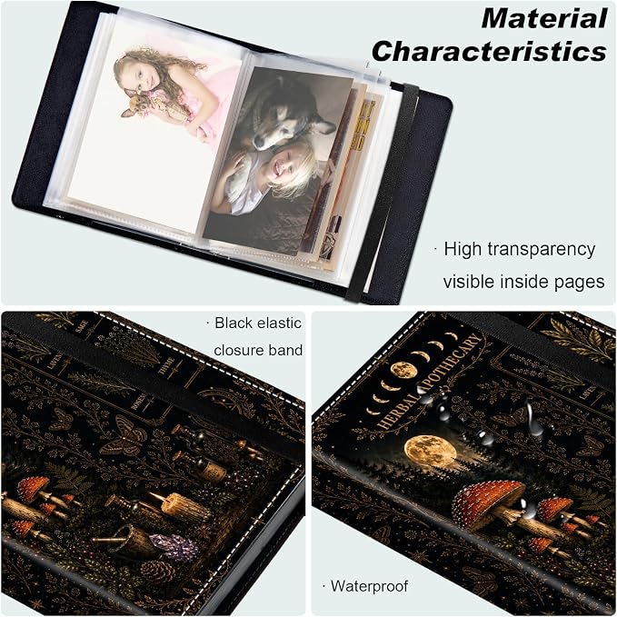 DEGDFSGR 4x6 Small Photo Album, 60 Pockets Holds 120 Photos | Slip-in pockets, black elastic band, portable for family, wedding, baby, travel photos, Witchy Forest Mushroom Herbs - Image 5