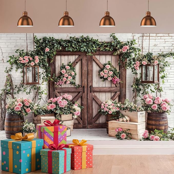 6x4ft Country Wedding Photography Backdrop Floral Rustic Roses Farmhouse Wooden Door Backdrop Pink Flower Birthday Baby Shower Wedding Bridal Party Banner Photo Booth Props Anniversary Background - Image 3