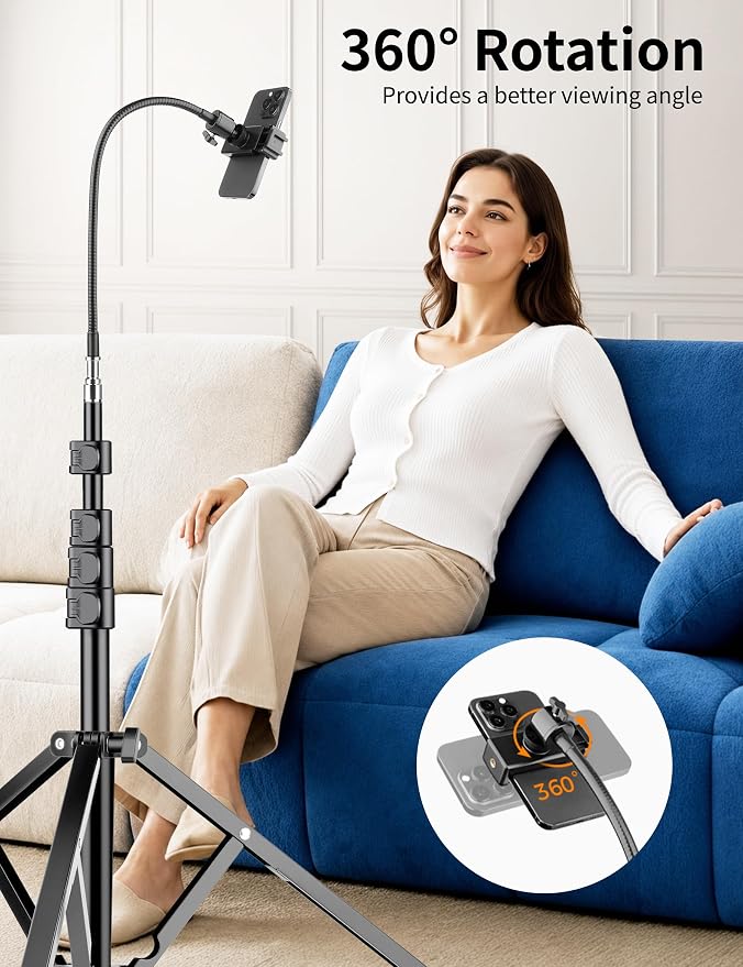 Flexible Tripod for iPhone, 88" Tall Cellphone Tripod with Gooseneck | Overhead Tripod with Phone Holder and Wireless Remote, Camera Phone Stand for Recording, Compatible with iPhone/Android - Image 5