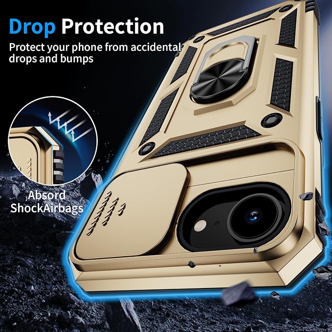 for iPhone 17e Case & iPhone 16e Case with 2X HD Screen Protector & Slide Camera Cover & Rotated Ring Kickstand, Rugged Heavy Duty Protective Phone Case for iPhone 17e/16e 6.1", Gold - Image 4
