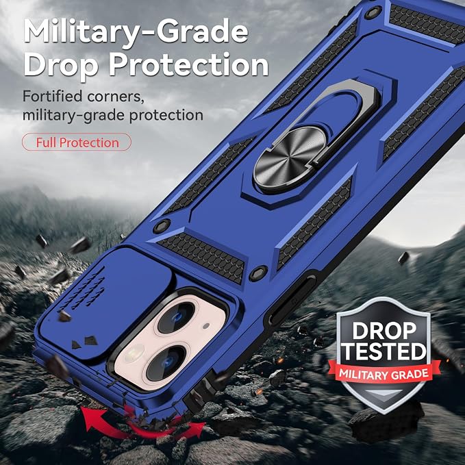 HNHYGETE for iPhone 13 Case with HD Screen Protector: [Military Grade 20ft. Drop Tested] Slide Camera Cover Ring Shockproof Protective Phone Case for - iPhone 13 (Blue) - Image 3