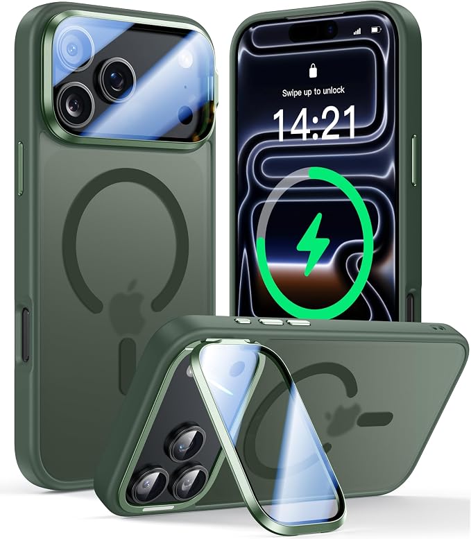 VOFATA [Upgraded Full Camera Protection] for iPhone 17 Pro Max Case with Camera Cover Stand [Fit for MagSafe][10FT Mil-Grade Protection] Translucent Magnetic iPhone 17 Pro Max Phone Case, Green by VOFATA