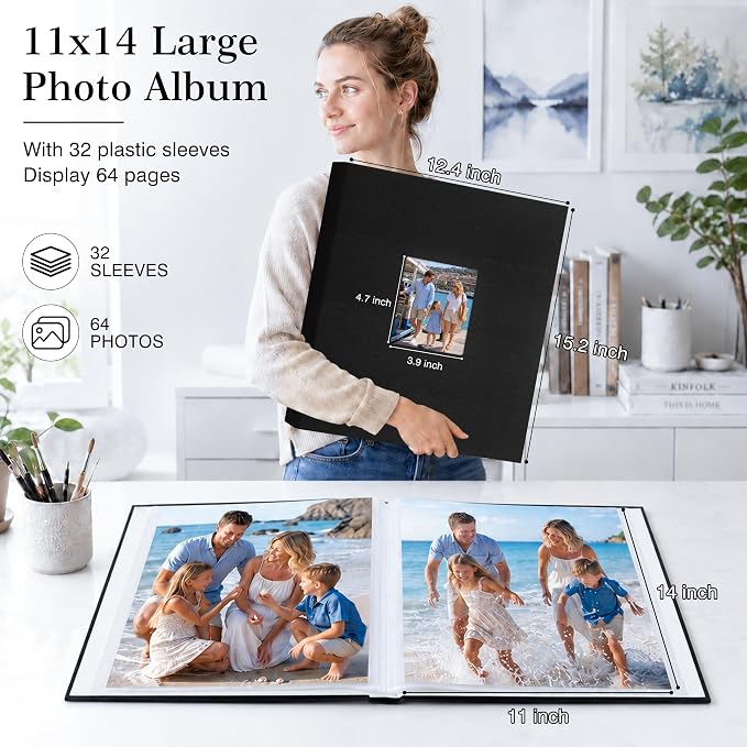 Aevdor 11x14 Photo Album and Art Portfolio, 64 Photos, Linen Cover, Black | Front Display Window, Clear 11x14 Sleeves for Oversized Prints, Certificates, Artwork & Drawings - Image 3