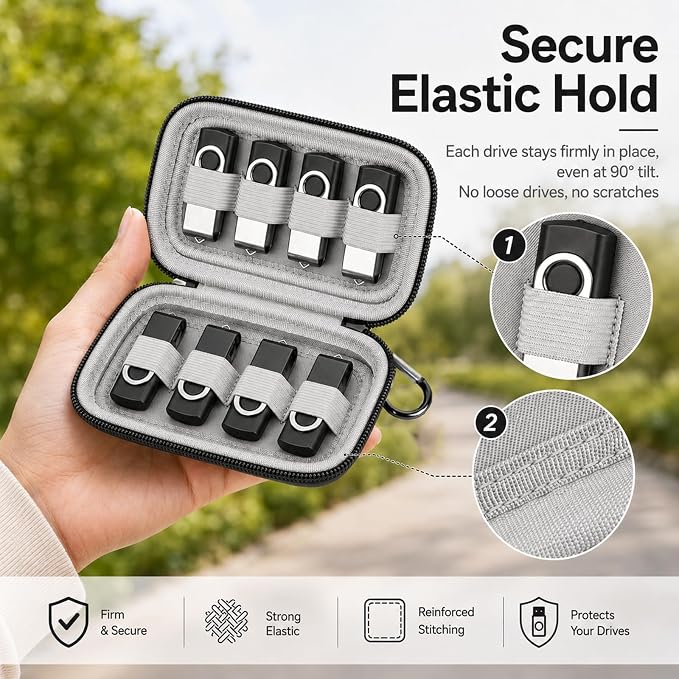 ALKOO Flash Drive Case USB Storage Case, Thumb Drive Holder, Holds 8, Black | Hard Shell, 8 Elastic Slots for USB Drives and SD/Memory Cards, Portable Travel and Office Organizer, Case Only, Black - Image 8
