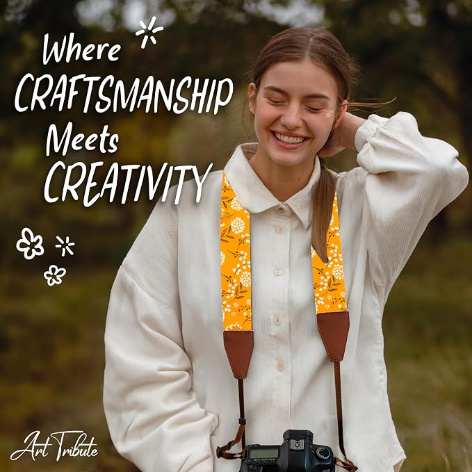 Art Tribute Camera Strap - Shoulder, Crossbody & Neck Camera Strap for Photographers, Fits All Cameras, Canon Nikon Sony Fujifilm, Padded Strap W/Quick Release, Embroidered Cotton & Leather Ends - Image 8