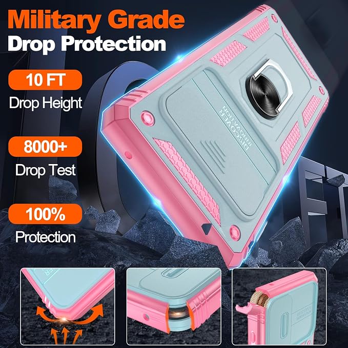 for Google Pixel 6 Pro Case with Slide Camera Cover & Screen Protector (2 PCS), Pixel 6 Pro Case Build in 360° Rotating Ring Kickstand, Military Grade Protective Case for Google 6 Pro Case, Green+Pink - Image 2