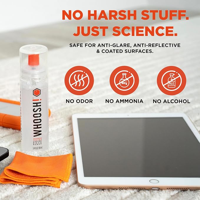 WHOOSH! Screen Shine Go XL – Screen Cleaner Spray & Wipe Kit, 3.4 fl oz | Includes 6x6" Microfiber Cloth, Sleek Bottle for Home & Travel, Streak Free Finish, For Car, Computer, MacBook & Eyeglasses - Image 6
