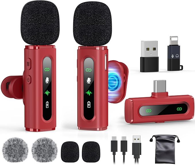 USB C Lavalier Microphone Wireless Mini Mic for Type-C Android Phone/Tablet/PC Video Recording Clip-on Mics with Rotatable Clip&Denoise Recording, Ideal for Vlog Tiktok Youtube Content Creator, Red by GoorDik