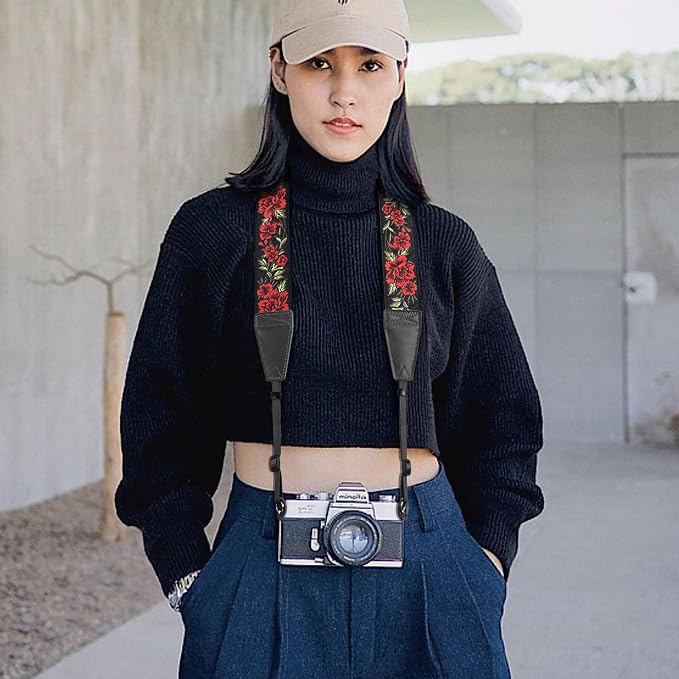 Padwa Lifestyle Camera Strap - 2" Full Grain Leather Ends Camera Straps for Photographers, Vintage Embroidered Cotton Weave Soft Suede Fabric Padded Strap Quick Release fits All Cameras - Image 5