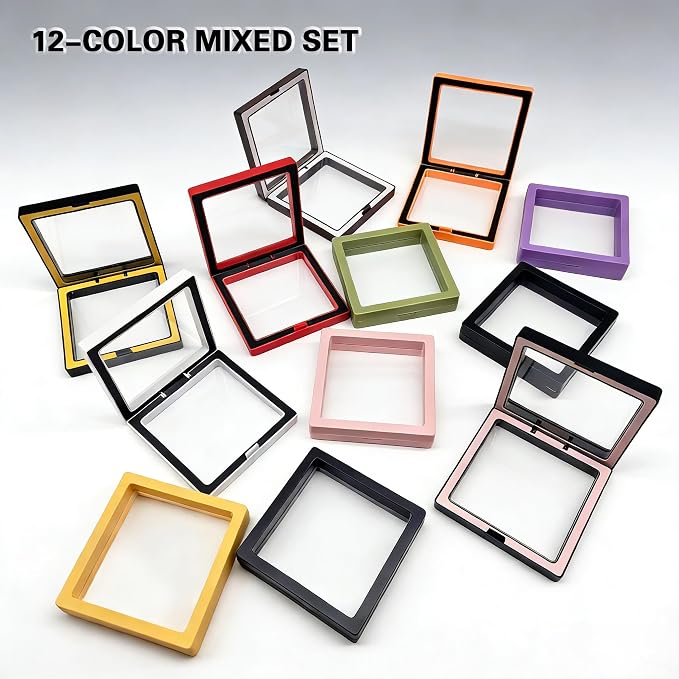 12 PCS Dual-Color Packaging Box 3D Floating Frame Display Stand, Color-Matching Packaging Display Box, Transparent Window Jewelry Case, PE Film Anti-Oxidation Storage Case. (Mixed Multi-Color) - Image 4