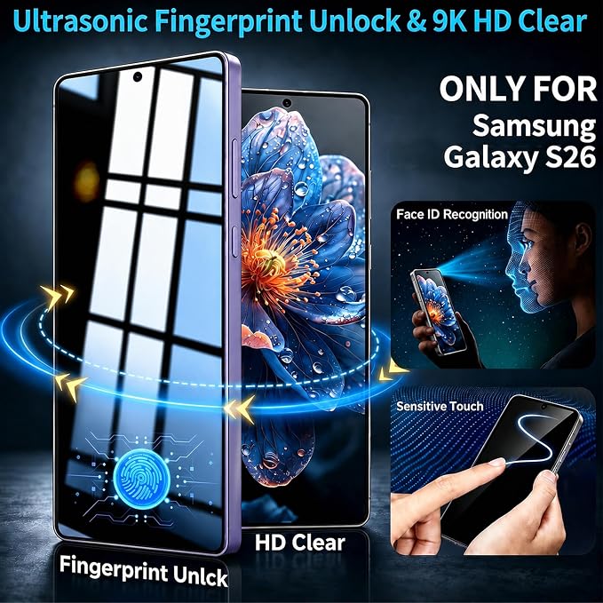 2+2 Pack for Samsung S26 Privacy Screen Protector | Ultrasonic Fingerprint Unlocking, Easy installation, Anti Spy, 9H Hardness Glass, Camera Lens Protector - Image 2