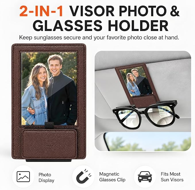 2-in-1 Car Visor Sunglasses & Photo Holder, Magnetic PU Leather Glasses Clip with Picture Display Slot, Universal Sun Visor Organizer for Eyeglasses, Personalized Cards & Memories, Dark Brown - Image 3