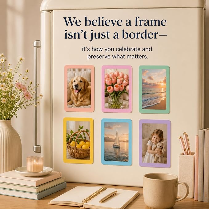 12 Pack Pastel Magnetic Picture Frames 4x6 - Macaron Soft Tones Minimalist Magnet Photo Borders for Refrigerator, Locker, Classroom & Office Decor - Open Face Aesthetic Home Accessories - Image 3