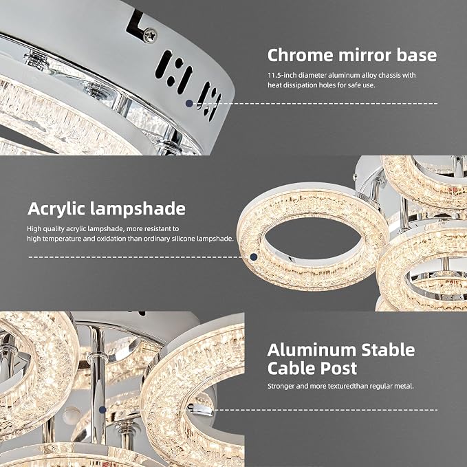 Modern Ceiling Light, 6 Rings 17.7'' Dimmable LED 60W Flush Mount Ceiling Lights with Remote Acrylic Crystal Round Ceiling Light Fixture, Bedroom Living Room Dining Room, Chrome - Image 4